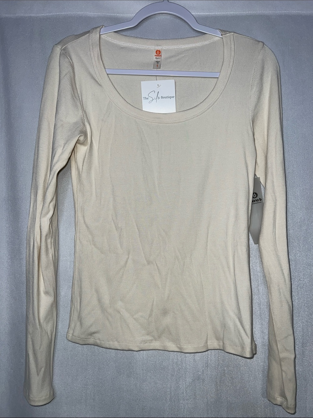 Mono B Large Ribbed Cream Long-Sleeve Scoop Neck Top PTP 20”